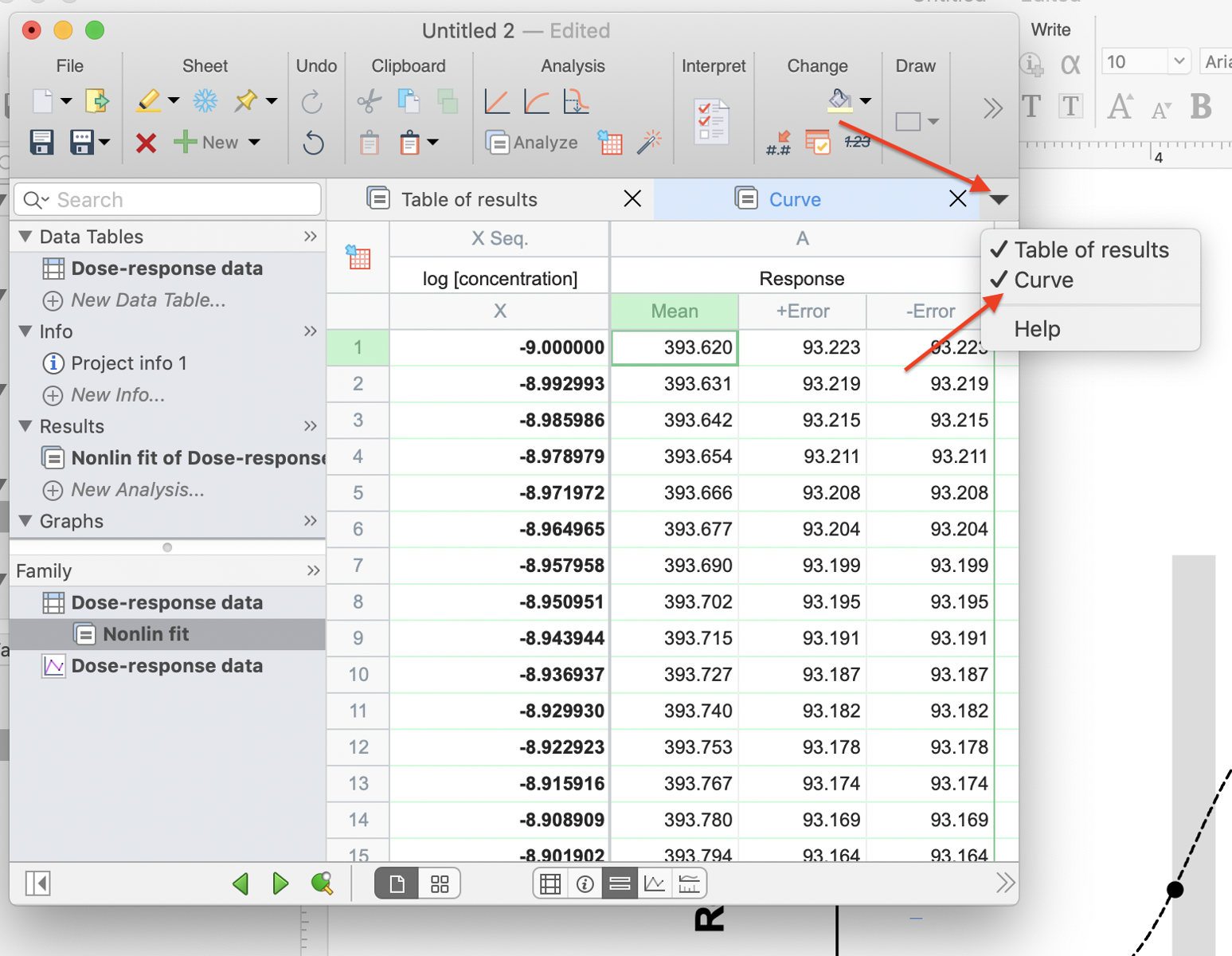 How to view the XY coordinates of confidence or prediction bands fit by noninear regression